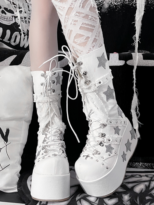 Klobige Plateaustiefel mit glänzender Schrift, weiße Absätze, wadenlang, Schnürung, Gyaru Star