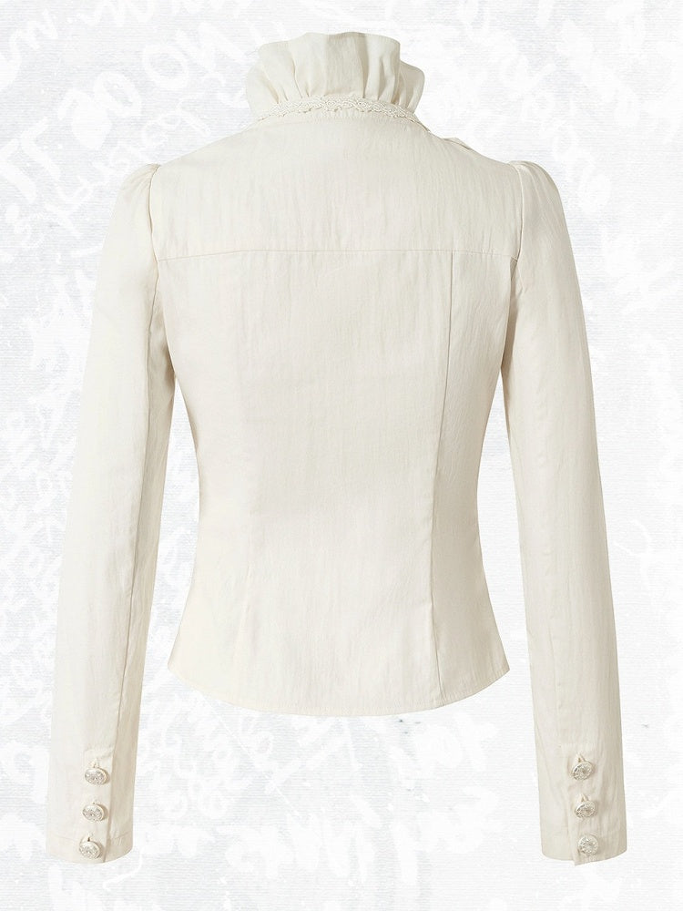 Rococo Punk White Faux Two-Piece Long Sleeve Blouse with Lace and Ruffle Trim - NO ROMANCE