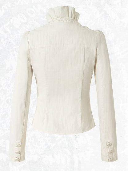 Rococo Punk White Faux Two-Piece Long Sleeve Blouse with Lace and Ruffle Trim - NO ROMANCE