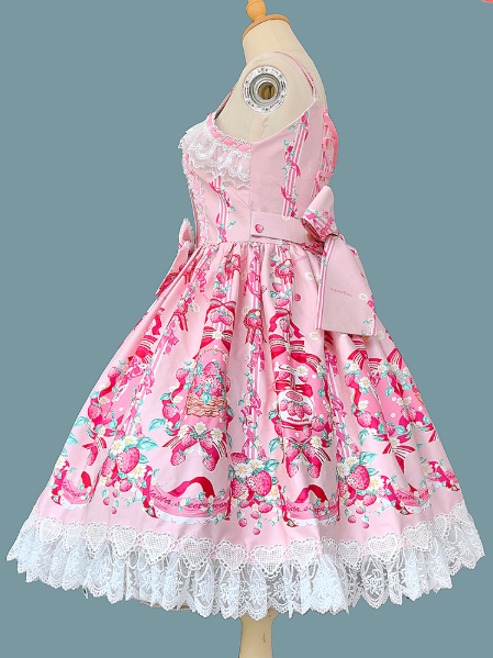 Print Trim Lace shaped Lolita Heart Dress with Sweet Pink JSK Strawberry