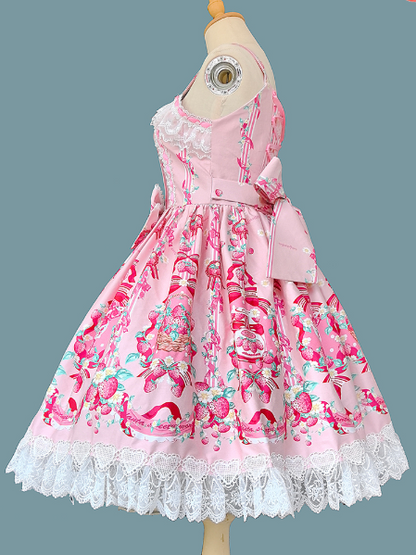 Print Trim Lace shaped Lolita Heart Dress with Sweet Pink JSK Strawberry