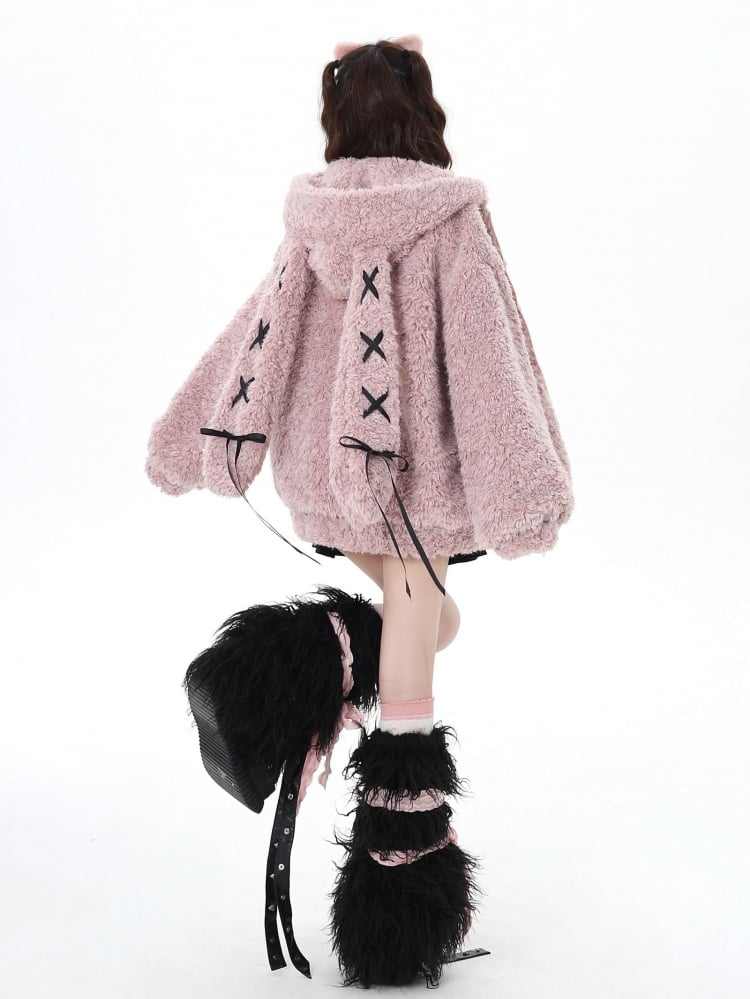 Rosa Kapuzenjacke mit süßen Hasenohren und Schnürung