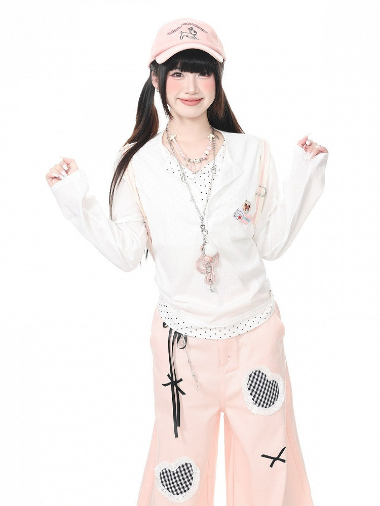 Fake Two-Piece White Polka Dot Long Sleeve Top with Badge Accents - Languid Park