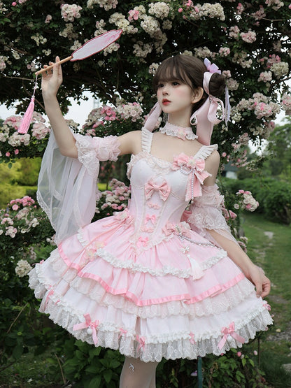Kleid Lolita Akzente Ketten Perlen Rosa Taille Blume und Korsett Schleife Qi