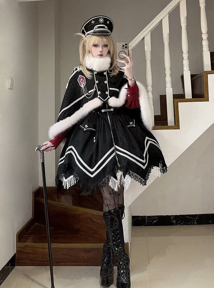 Double White Breasted with Tassel Faux Cape Black Fur-Trimmed Lolita Decoration and Military Buckle