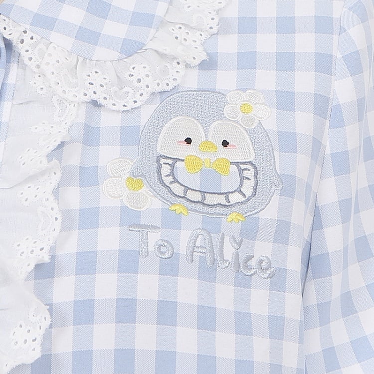 Little Penguin Blue Plaid Long Sleeves Blouse Lace Trim