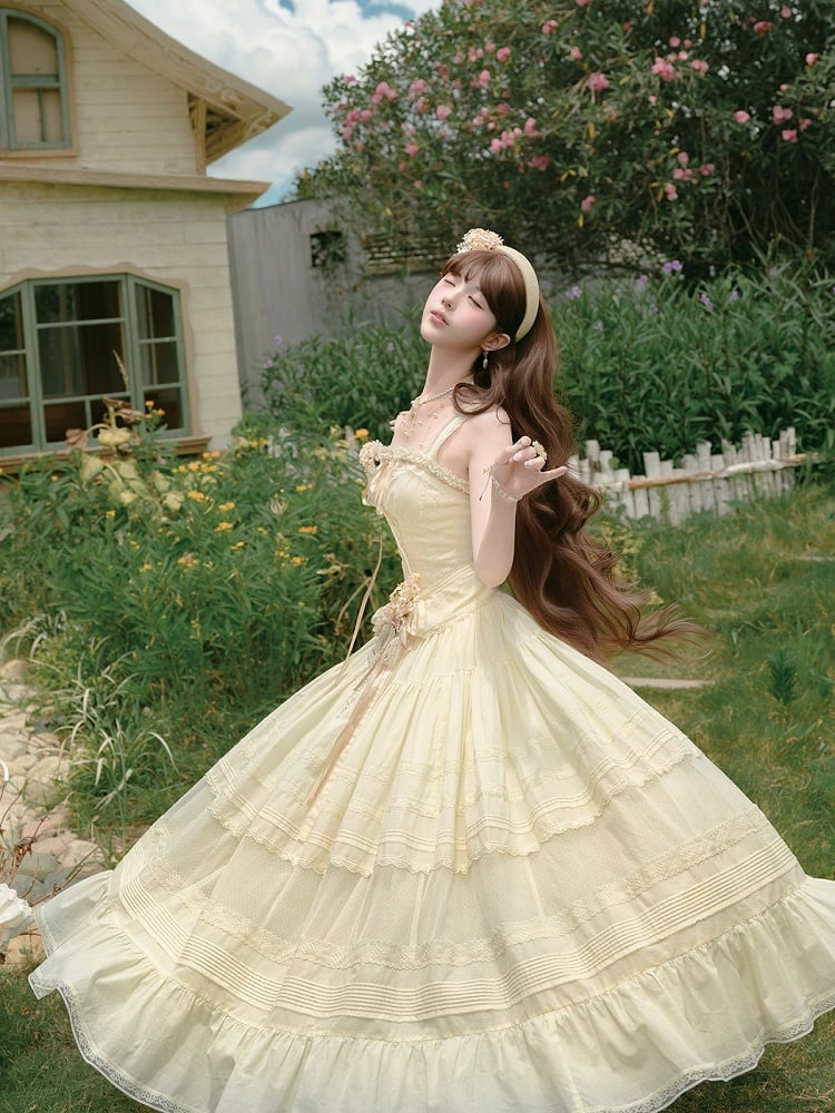 Yellow Sleeveless Lace Top with Floral Belt and Skirt - Penny House