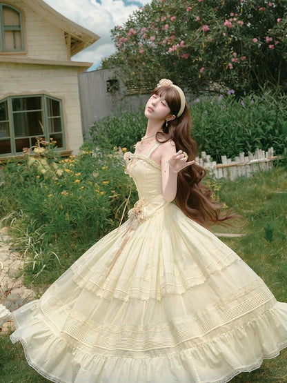 Yellow Sleeveless Lace Top with Floral Belt and Skirt - Penny House