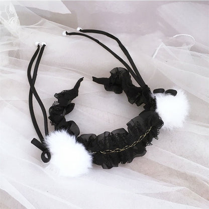 Nœud papillon pompon noir et blanc en dentelle avec garniture KC