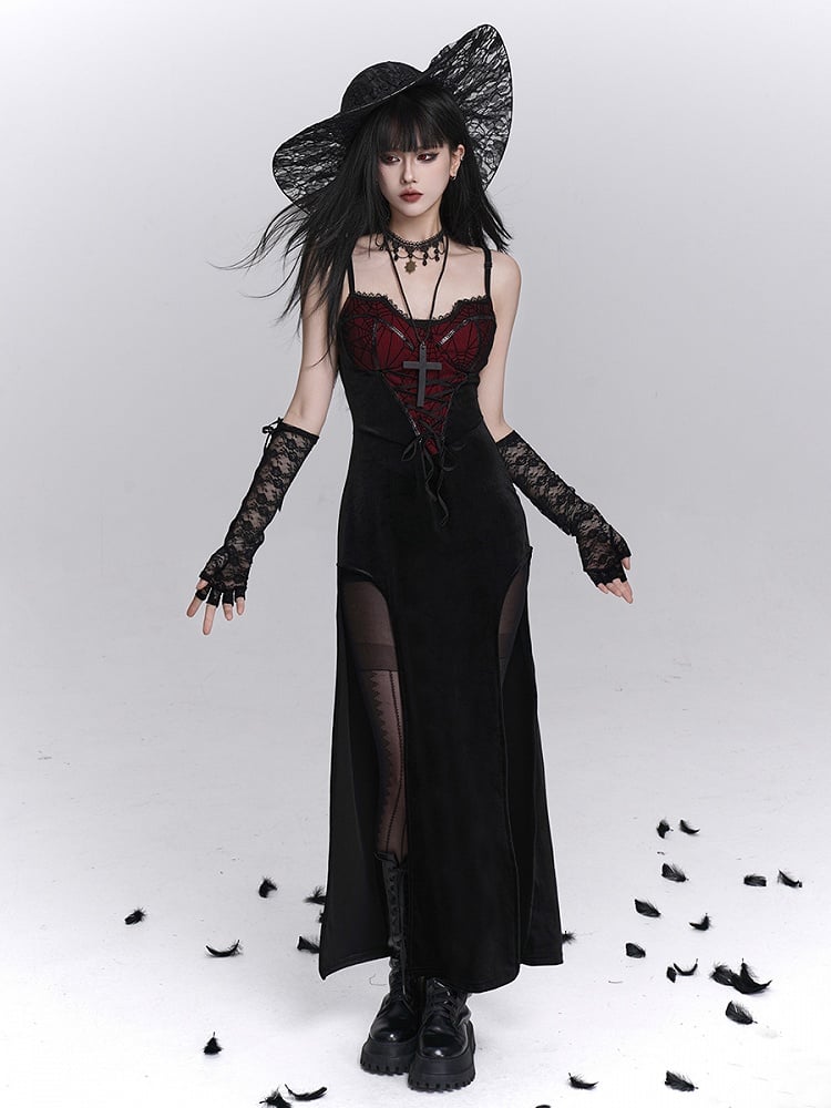 Spiderweb Cross-Lace Dress Thigh Red Slits Halloween Gothic Slip Print with Black Detail