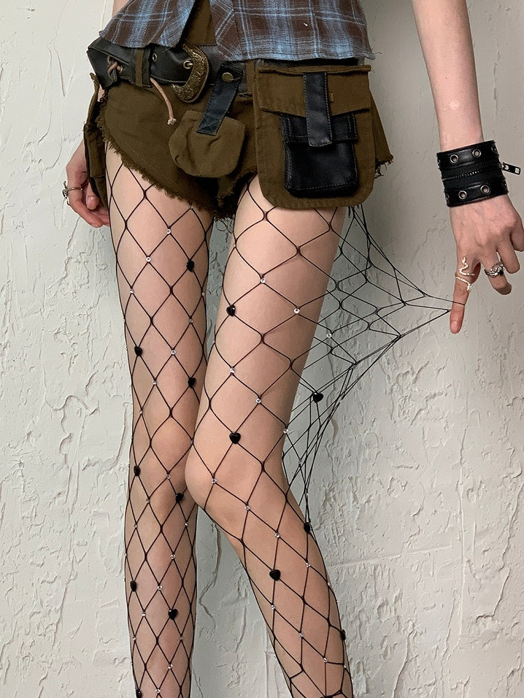 ブラック/ホワイトのハート型装飾Y2Kディテールラインストーンフィッシュネットタイツ