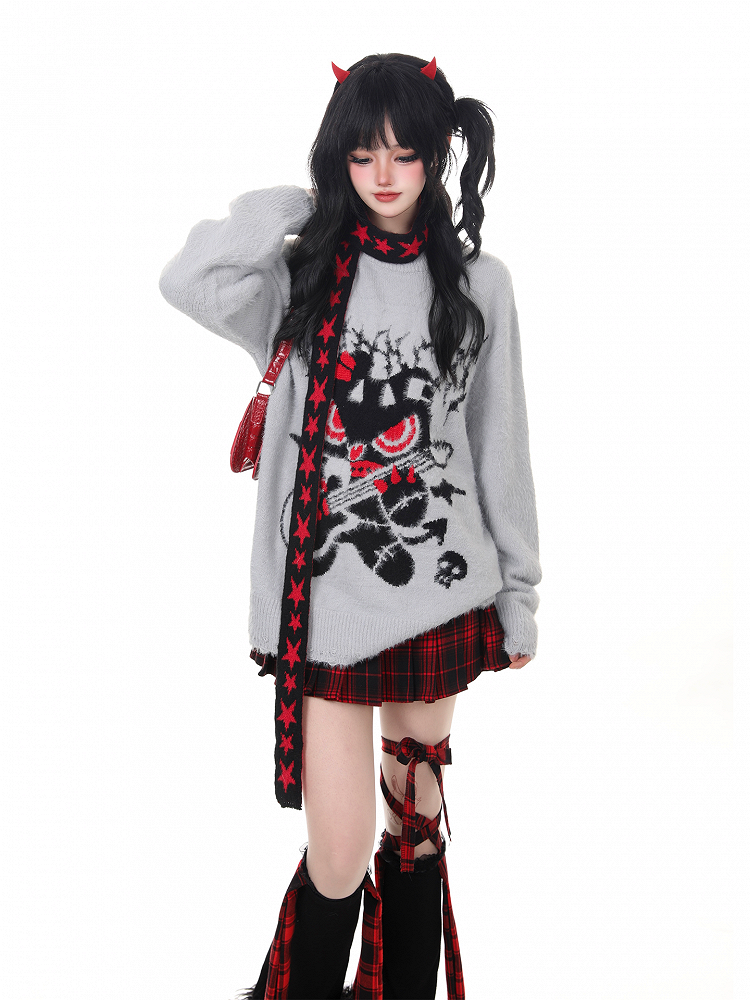 Design with Punk Rock Sweater Plush Black/Gray Guitarist Cartoon