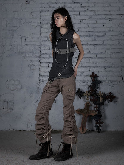 with Top Punk Belt Lace-ups Grey Buckle Dark Studded Knit Tank Crisscross