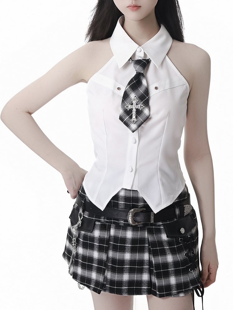 Y2K Lace-up Black Detail Plaid Skort with Buckle Belt and Chain White/ Khaki