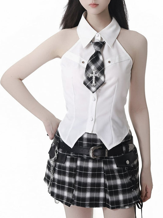 Decorated Hem Cross White/Beige Sleeveless with Curved Shirt Preppy Style Tie Plaid
