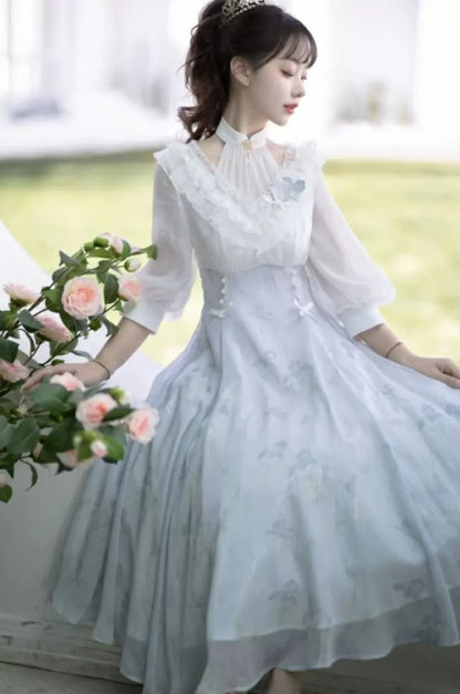 Weißes und violettes Edward Neckholder-Sommerkleid mit Blumenmuster