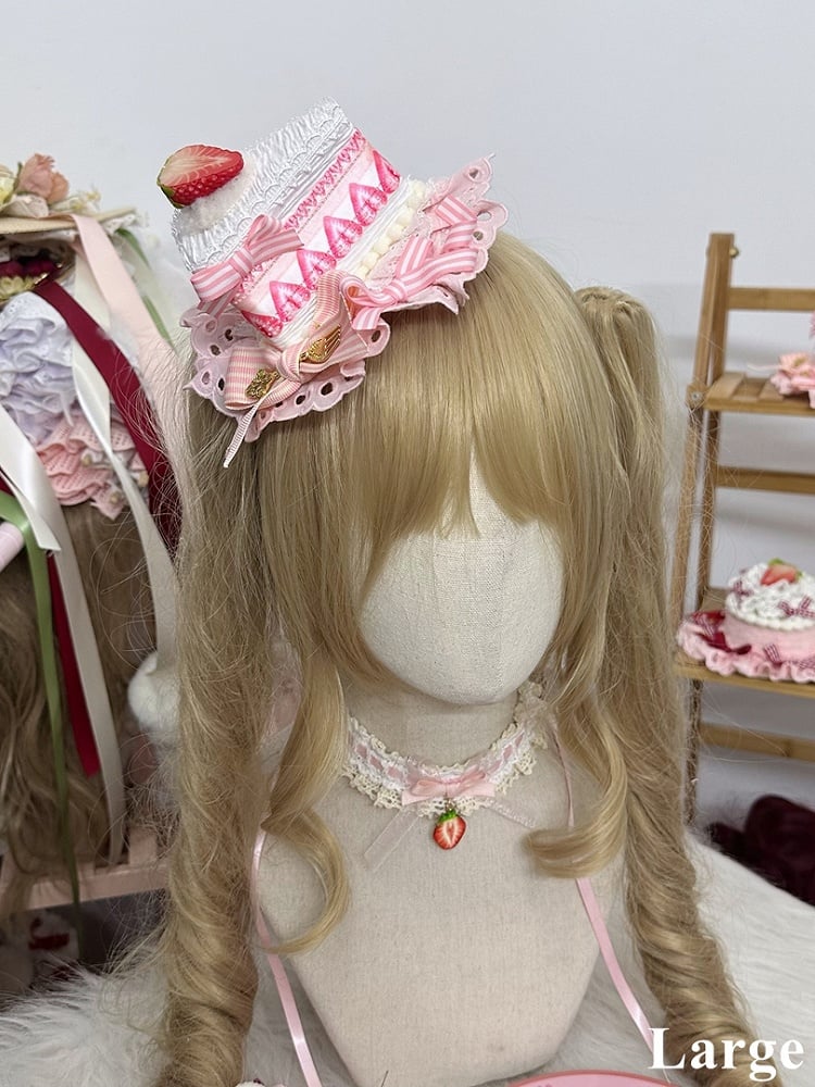 Triangle Print Hat Decoration Sweet Strawberry Mini Cake Bow with Pink Lolita