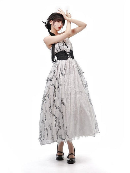 Tulip Dress+Cropped Set Top+Corset Lolita Black Elegant Classic Belt+Hairrband Full Pattern White