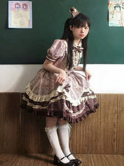 Chocolate Short Sleeve Lolita OP Dress with Lace - Lineall Cat