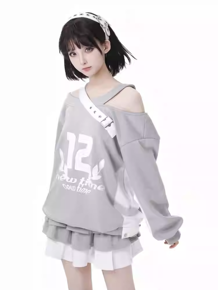 デザインカラーブロック グレー ホワイト アシンメトリーネックライン カットアウトショルダー スプリングスウェットシャツ