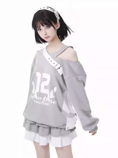 デザインカラーブロック グレー ホワイト アシンメトリーネックライン カットアウトショルダー スプリングスウェットシャツ