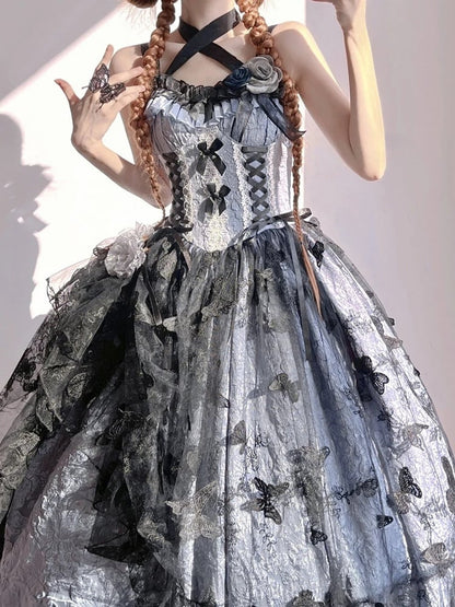 Details Floral Embossed Black Hanayome-style with Blue Lace and Dress Hime Bow Dark Lolita