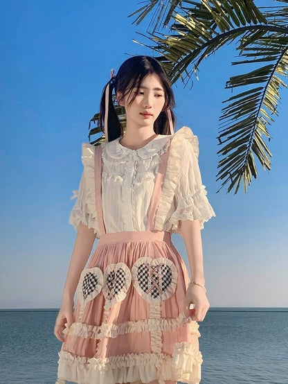White Kawaii Lace Trim Blouse - Lan Jian Chuan