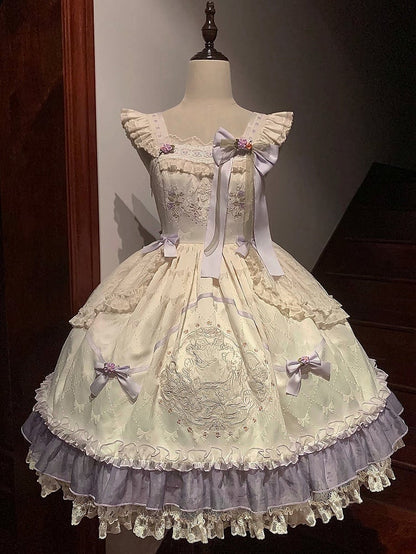 ハイテディウエストの蝶結びドレス ロリータ花柄生地と刺繍