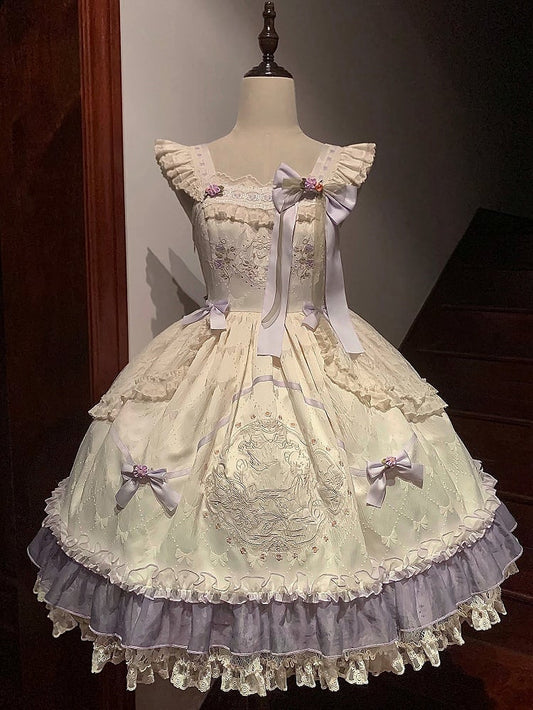 Lolita-Kleid mit hoher Teddy-Taille und Schleife, Blumenstoff und Stickerei