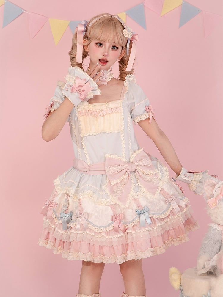 Waist Dropped Blue Sweet Bowknot Hem Dress Layered Details Lolita and Pink