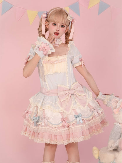 Waist Dropped Blue Sweet Bowknot Hem Dress Layered Details Lolita and Pink