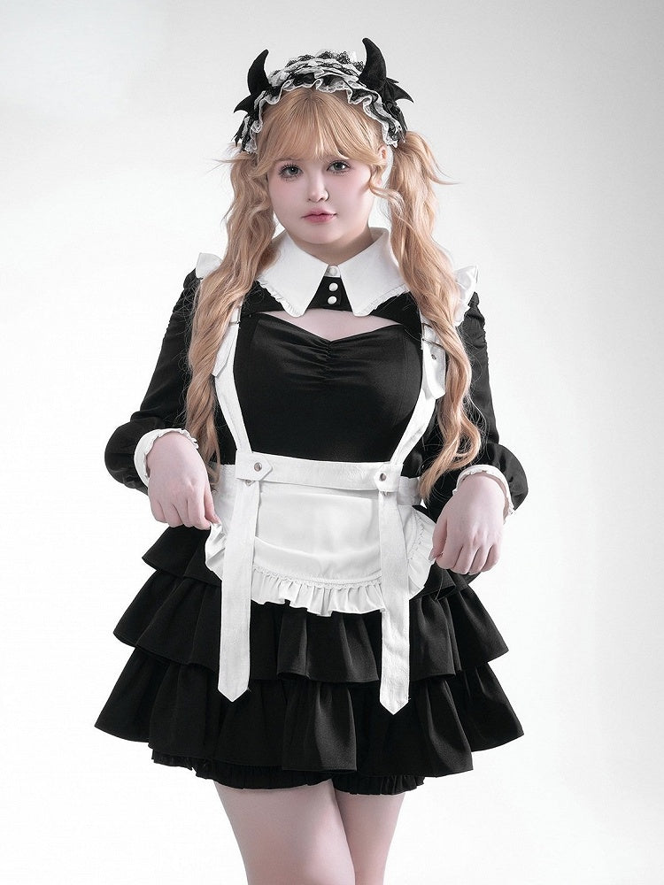 Black White Jirai Kei Collared Tiered Ruffle Dress Shorts Set - Fluffy Heart