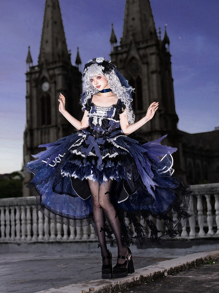 Dark Blue Swan Feather Accented Lolita JSK Dress Set - Felinae Cookie