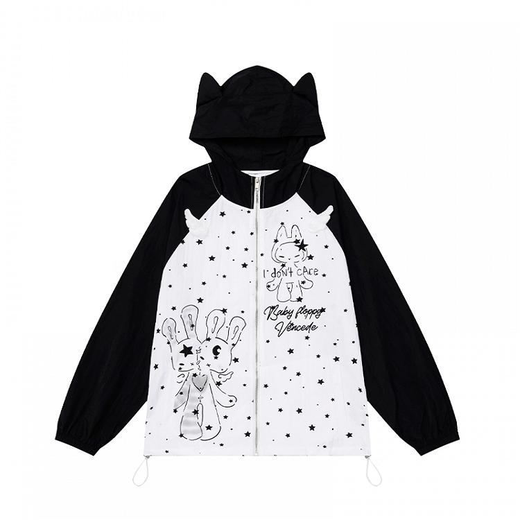 Design Kapuze Ohren Kitty Colorblock Zip-up Jacke Cartoon Print Schwarz/Grün