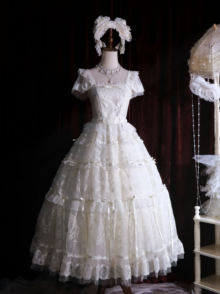 Perlen Schleife Creme Prinzessin Akzente Weiß Ausschnitt Band Kleid Lolita