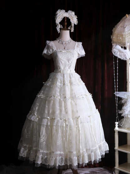Perlen Schleife Creme Prinzessin Akzente Weiß Ausschnitt Band Kleid Lolita
