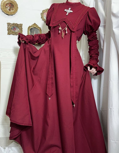 Wine Nun Outfits Halloween Dress Sleeves Cross Lolita Gathering Embroidery Red Juliette