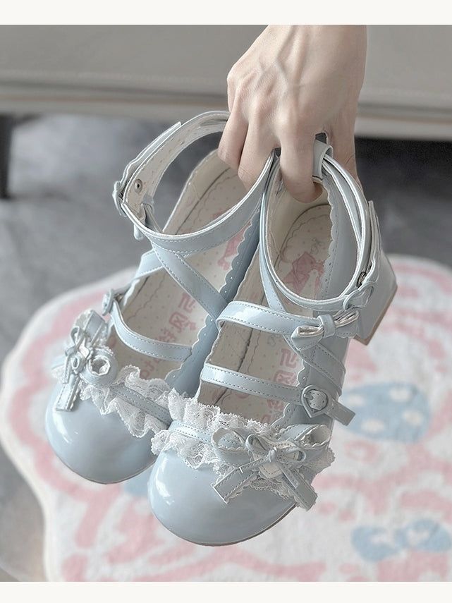 Blue at Heart Lolita mit Spitzenoberteil und Patch, mittelhohem Absatz, Schleife und Rüschen