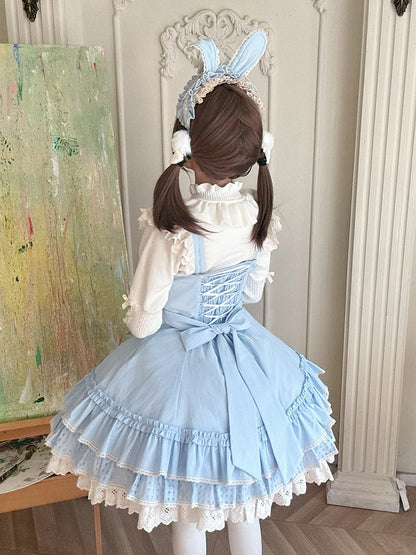 Ruffled Lace-Trimmed Lolita JSK Dress with Blue Bow Detail - Yinying Lolita