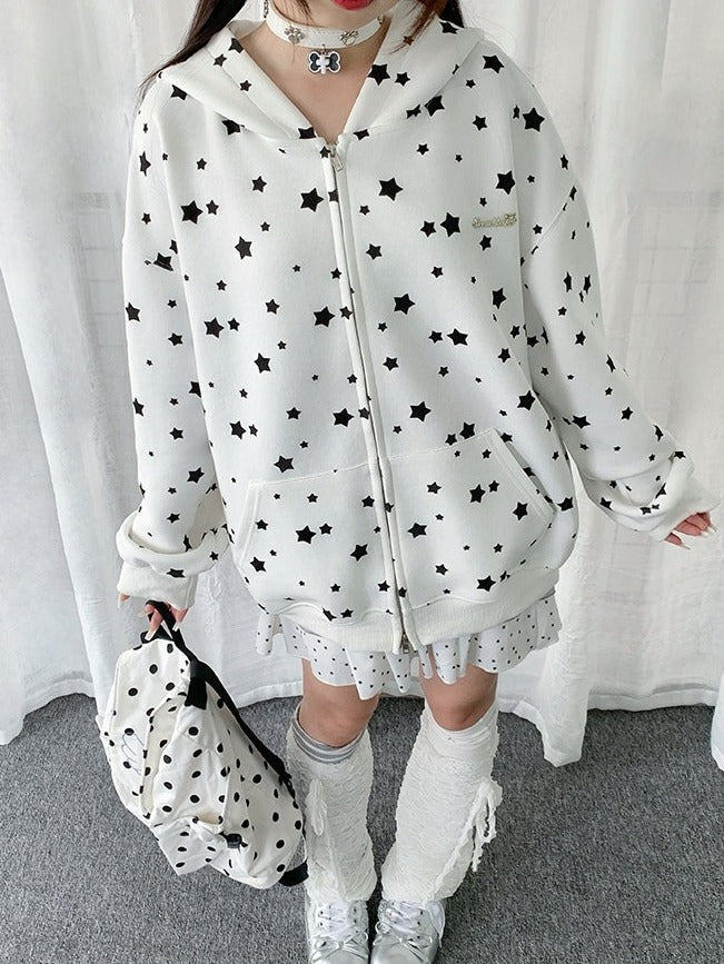 Cute White/Gray Rabbit Ear Zip-Up Hoodie with Star Print Pattern - Solkatt