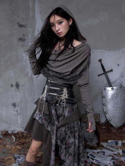 Cowl Wasteland Wing Punk Studded Convertible Print Gray Hoodie Off-Shoulder Neck Brown with Design