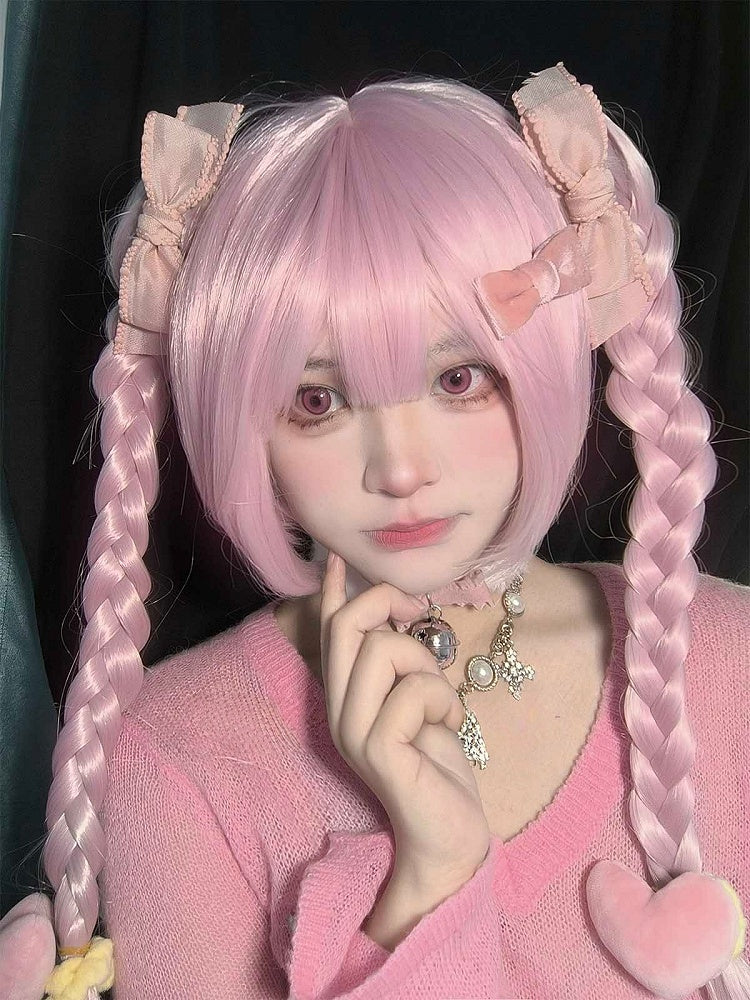 Bangs Double Braided Full 55CM Wig with 30CM Pink Straight Clip Ponytails Short Claw