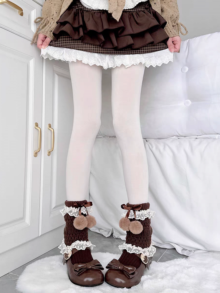 Decorated Pom-pom 4 Warmers Knitted Ruffled Leg Colors