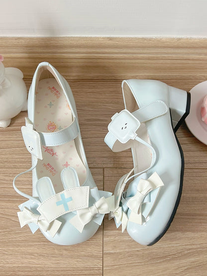 Velcro Fastening with Rabbit-Ear Cap & Bow Details PU Blue Low Heels in Sweet Lolita
