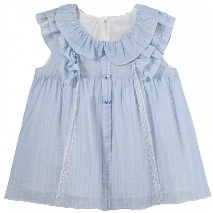 Sweet Tank Top Blue Peter Pan Collar Tiered Flutter Sleeves Bow Buttons