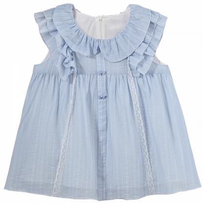 Sweet Tank Top Blue Peter Pan Collar Tiered Flutter Sleeves Bow Buttons