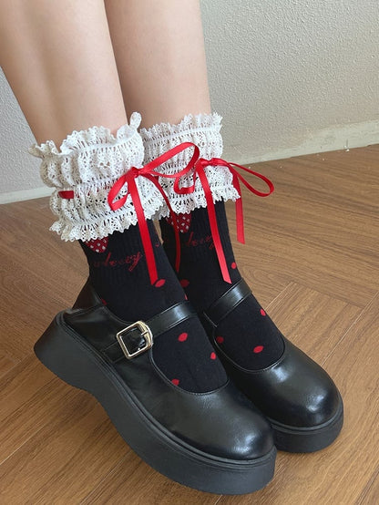 Erdbeerdetails Spitzensocken Süße weiße/schwarze Borte Schleife Kalbsleder