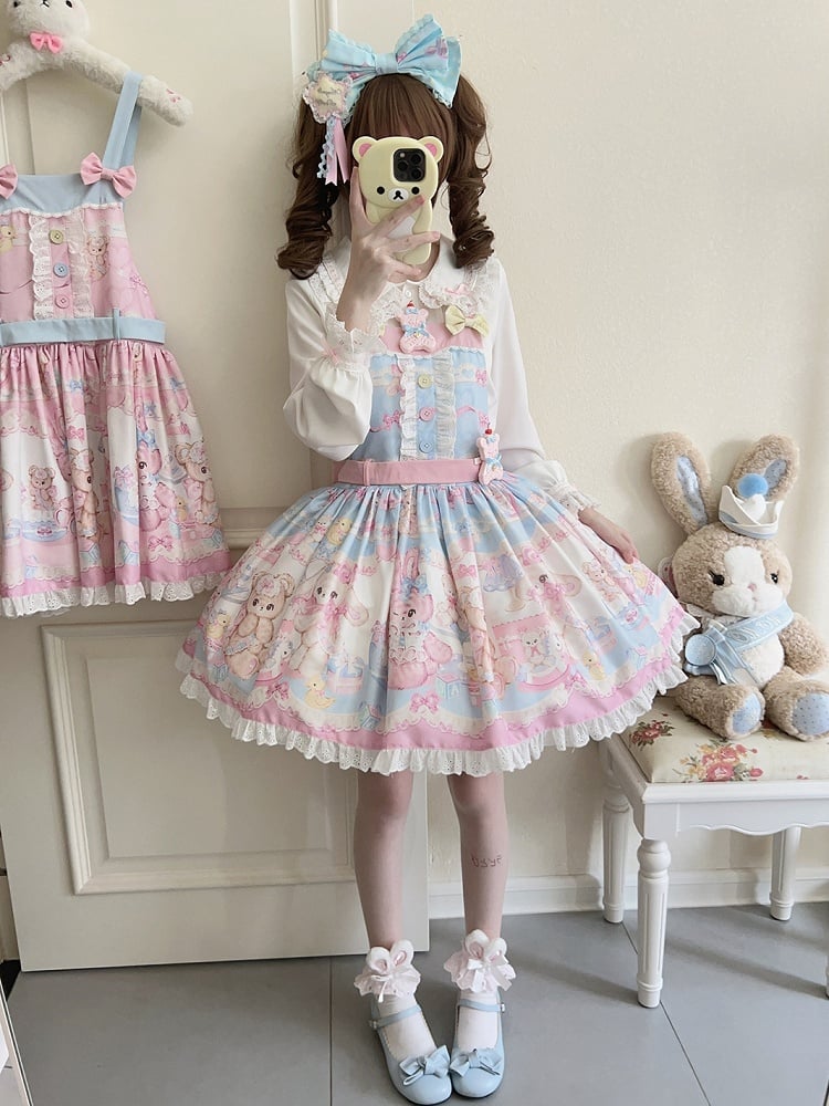 Overall Bear Dress Print Blue Teddy Lolita Sweet