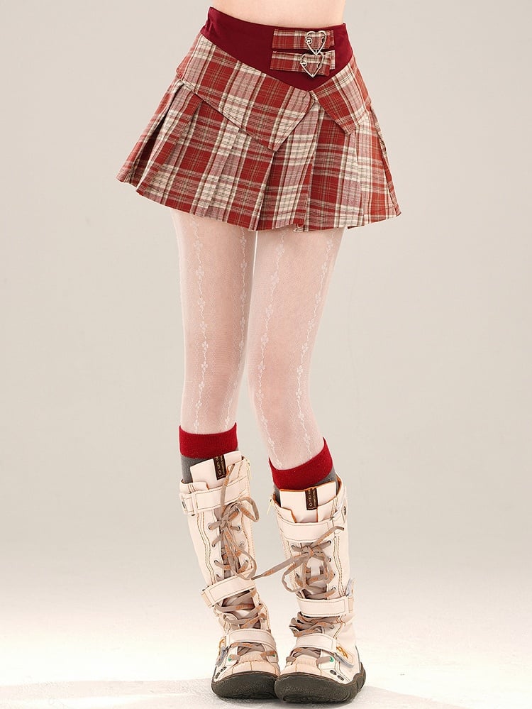 Red/Blue Buckle Pleated Plaid Skirt Mini Waist High Straps