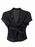 Detail Button Front Placket with Tie Striped Black Bow Shirt